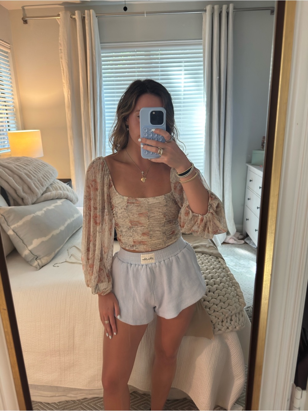 Free People Neutral Blush Floral Smocked Crop Top with Peasant Sleeves